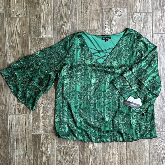 Sara‎ Michelle Bell Sleeve Green Blouse Popover Elastic Hem 2X Fairy Whimsigoth - Picture 3 of 9